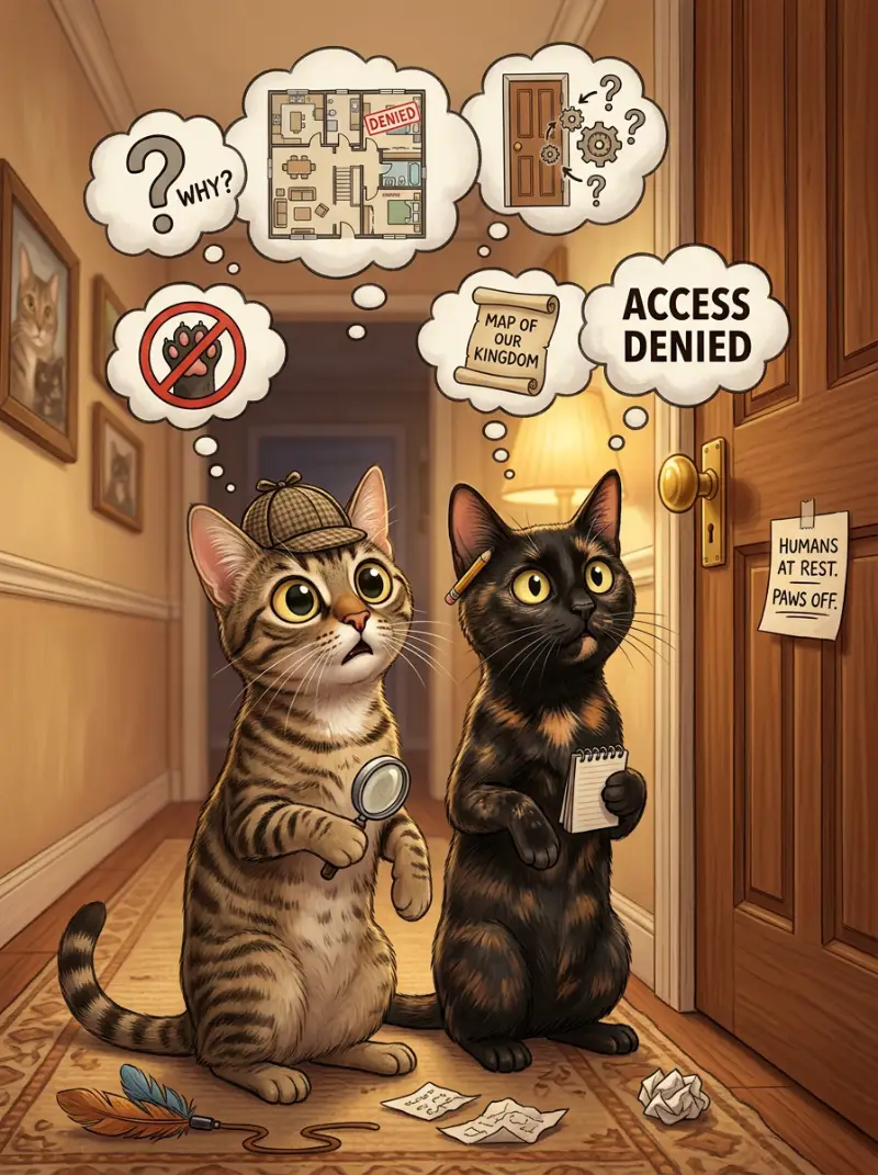 Ripples and Xena investigating a serious access-control incident involving a closed bedroom door. Ripples and Xena investigating a serious access-control incident involving a closed bedroom door.